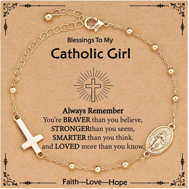 VULETO Catholic Virgin Mary Cross Bracelet Gifts for Girls Teens Women, Rosary Beads Charm Link Chain Bracelet Christmas Christian Religious Jewelry Gifts - Image 1